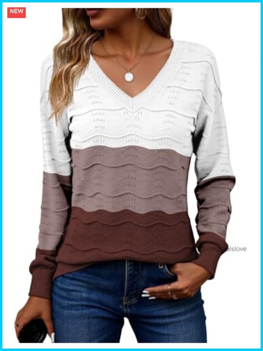 Womens Lightweight V Neck Crochet Ribbed Knit Pullover Sweater Long Sleeve